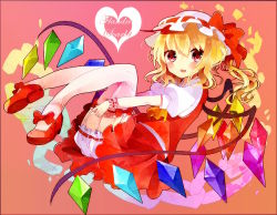 Rule 34 | 1girl, ascot, bad id, bad pixiv id, blonde hair, bloomers, blush, bow, broken, broken chain, chain, fang, female focus, flandre scarlet, garter straps, hat, hat bow, heart, looking at viewer, mob cap, open mouth, pink eyes, puffy sleeves, sakurato remi, shirt, short sleeves, side ponytail, skirt, skirt set, smile, solo, thighhighs, touhou, underwear, upskirt, vest, white thighhighs, wings, wrist cuffs
