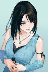Rule 34 | 1girl, arm ribbon, bare shoulders, black hair, black ribbon, black tank top, blue arm warmers, blue cardigan, blue eyes, cardigan, closed mouth, collarbone, commentary, final fantasy, final fantasy viii, gradient background, highres, interlocked fingers, jewelry, lips, medium hair, necklace, nini tw99, own hands together, ribbon, rinoa heartilly, solo, tank top, upper body