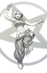 Rule 34 | 1girl, abs, bad id, bad tumblr id, baggy pants, belt, blue mary, breasts, fingerless gloves, gloves, halterneck, highres, large breasts, midriff, monochrome, multiple belts, navel, pants, robaato, short hair, solo, the king of fighters, toned