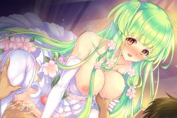 Rule 34 | 1boy, 1girl, grabbing another&#039;s breast, breasts, censored, cherry blossoms, city forest online, dress, flower, flower knight girl, game cg, girl on top, grabbing, green hair, hair flower, hair ornament, hetero, large breasts, leg grab, long hair, looking at another, mosaic censoring, nipples, official art, penis, sakuranbo (flower knight girl), sex, squatting, thighhighs, vaginal, white dress, white thighhighs, yellow eyes