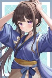 Rule 34 | 1girl, absurdres, arms up, black hair, blue kimono, blush, bow, hair bow, highres, inoue takina, japanese clothes, kimono, long hair, looking at viewer, lycoris recoil, ponytail, purple eyes, ribbon, simple background, solo, ttusee5, waist bow, waitress, yellow bow