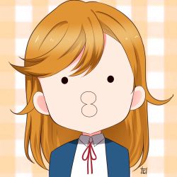 Rule 34 | 1girl, black outline, blue jacket, collared shirt, commentary request, highres, jacket, long hair, looking at viewer, love live!, love live! superstar!!, minami kotori (bird), open clothes, open jacket, orange background, orange hair, outline, plaid, plaid background, puckered lips, school uniform, shibuya kanon, shirt, signature, solid circle eyes, solo, string tie, swept bangs, upper body, winter uniform, yuigaoka school uniform, zero-theme