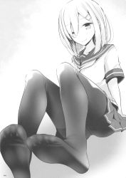 Rule 34 | 10s, 1girl, absurdres, feet, foot focus, hair ornament, hair over one eye, hairclip, hamakaze (kancolle), highres, kantai collection, monochrome, no shoes, one eye closed, oouso, pantyhose, pov, school uniform, serafuku, sitting, smile, soles, toes