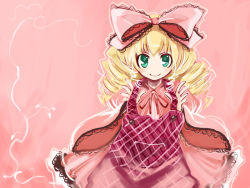 Rule 34 | 00s, 1girl, apron, blonde hair, bow, closed mouth, dress, frills, hair bow, hinaichigo, long hair, long sleeves, looking at viewer, pink background, pink bow, red dress, rozen maiden, simple background, smile, solo, twintails, ushiki yoshitaka, wide sleeves
