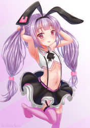Rule 34 | 1girl, :p, animal ears, armpits, arms up, azur lane, belt, black skirt, blush, bunching hair, crop top, fake animal ears, flat chest, garter straps, hairband, highres, hobby (azur lane), holding, holding own hair, leg up, long hair, midriff, miniskirt, navel, pink thighhighs, purple eyes, purple hair, rabbit ears, shirt, shorts, shorts under skirt, skirt, sleeveless, sleeveless shirt, smile, solo, standing, standing on one leg, suspenders, thighhighs, tongue, tongue out, twintails, white shirt, wind, wind lift