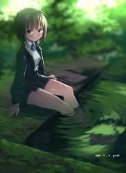 Rule 34 | 10s, 1girl, 2016, ahoge, arms at sides, artist name, backlighting, bare legs, black jacket, black skirt, blazer, blue ribbon, blurry, blush, briefcase, brown hair, closed mouth, collared shirt, dated, depth of field, garnet, green eyes, highres, jacket, looking at viewer, moss, open clothes, open jacket, original, outdoors, plant, pleated skirt, pond, ribbon, school briefcase, shirt, short hair, sketch, skirt, smile, soaking feet, solo, thighs, white shirt, wing collar