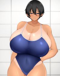 Rule 34 | 1girl, absurdres, arms behind back, bare shoulders, black hair, blue eyes, blue one-piece swimsuit, breasts, cleavage, collarbone, covered navel, hair between eyes, highleg, highleg swimsuit, highres, huge breasts, looking at viewer, one-piece swimsuit, open mouth, school swimsuit, short hair, sideboob, spaghetti strap, swimsuit, tan, tanline, taut clothes, taut swimsuit, tile wall, tiles, tokitamago (sasakitoki)