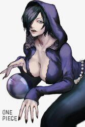 Rule 34 | 1girl, black hair, black nails, blue eyes, breasts, cleavage, copyright name, crystal ball, hair over one eye, highres, hood, hooded shirt, looking at viewer, madame shirley, mermaid, monster girl, one piece, runa 3152, short hair, simple background, solo, white background