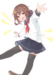 Rule 34 | 1girl, black sailor collar, black skirt, black thighhighs, brown hair, foreshortening, full body, hair ornament, hairclip, highres, hiroi09, ikazuchi (kancolle), kantai collection, looking at viewer, neckerchief, pleated skirt, red neckerchief, sailor collar, school uniform, serafuku, short hair, signature, simple background, skirt, smile, solo, thighhighs, white background