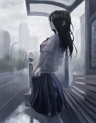 Rule 34 | 1girl, absurdres, bell, bench, black eyes, black hair, black skirt, blurry, blurry background, building, bus stop, closed mouth, clothes lift, cowbell, dripping, expressionless, from side, highres, kyano (kyanora3141), lamppost, lifting own clothes, long hair, midriff, necktie, original, pleated skirt, puddle, rain, red necktie, school uniform, see-through, see-through shirt, shirt, skirt, skirt lift, skyscraper, solo, taking shelter, water, wet, wet clothes, white shirt, wooden bench