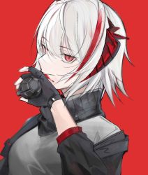 Rule 34 | 1girl, arknights, bad id, bad twitter id, bea (12424 24), black gloves, black jacket, blood, blood on face, breasts, closed mouth, commentary, commission, demon horns, english commentary, explosive, fingerless gloves, gloves, grenade, grey shirt, hair between eyes, highres, holding, holding grenade, horns, jacket, looking at viewer, medium breasts, multicolored hair, open clothes, open jacket, red background, red eyes, red hair, shirt, short hair, silver hair, simple background, smile, solo, streaked hair, turtleneck, upper body, w (arknights)
