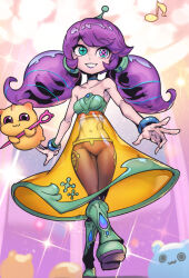 Rule 34 | 1girl, bare arms, bare shoulders, bracelet, breasts, brown pants, choker, collarbone, creature, dress, full body, green eyes, grin, gwen (league of legends), heterochromia, holding sewing needle, jewelry, league of legends, long hair, low twintails, musical note, navel, pants, phantom ix row, purple hair, see-through, see-through dress, shoes, small breasts, smile, space groove gwen, teeth, twintails, walking