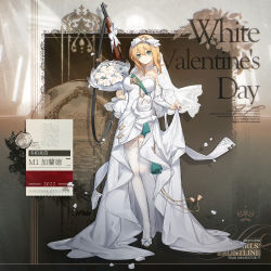 Rule 34 | 1girl, artist request, battle rifle, blonde hair, bouquet, breasts, bridal veil, character name, chinese text, closed mouth, clothes lift, copyright name, dress, dress lift, flower, full body, girls&#039; frontline, green eyes, gun, happy valentine, high heels, highres, holding, holding bouquet, holding flower, holding gun, holding weapon, long hair, looking at viewer, m1 garand, m1 garand (girls&#039; frontline), m1 garand (letter from the winter cypress) (girls&#039; frontline), medium breasts, nail polish, official alternate costume, official art, pink nails, promotional art, rifle, simple background, smile, solo, standing, thighhighs, valentine, veil, weapon, wedding dress, white dress, white footwear, white thighhighs