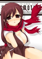 Rule 34 | 1girl, assassin cross (ragnarok online), blush, breasts squeezed together, breasts, brown eyes, brown hair, cleavage, elbow gloves, gloves, kinoshita ichi, large breasts, long hair, ragnarok online, scarf, solo