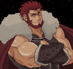 Rule 34 | 1boy, armor, bad id, bad pixiv id, beard, cape, crossed arms, facial hair, fate/stay night, fate/zero, fate (series), iskandar (fate), kanamu0602, male focus, manly, red eyes, red hair, simple background, solo