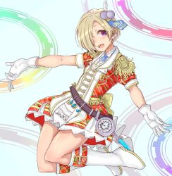 Rule 34 | 10s, 1girl, :d, across the stars, alternate eye color, belt, blonde hair, blush, boots, breasts, clock, dress, earrings, epaulettes, eyes visible through hair, flower, gloves, hair flower, hair ornament, hair over one eye, idolmaster, idolmaster cinderella girls, idolmaster cinderella girls starlight stage, jewelry, kokechan, lace, lace-trimmed dress, lace trim, looking to the side, open mouth, plaid, plaid dress, purple eyes, shirasaka koume, short hair, short sleeves, small breasts, smile, solo, white footwear, white gloves