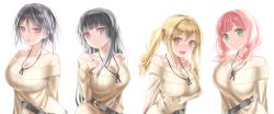 Rule 34 | 10s, 4girls, absurdres, arm behind back, arm under breasts, asymmetrical hair, bad id, bad pixiv id, bang dream!, bare shoulders, beige sweater, belt, black belt, black hair, blonde hair, blunt bangs, blush, breasts, cleavage, closed mouth, collarbone, commentary request, cosplay, earrings, green eyes, hair between eyes, hair intakes, hair ornament, hand on own chest, head tilt, highres, ichigaya arisa, imai lisa, imai lisa (cosplay), jewelry, large breasts, long hair, long sleeves, looking at viewer, low twintails, multiple girls, necklace, off-shoulder sweater, off shoulder, open mouth, parted lips, pink eyes, pink hair, purple eyes, rabbit earrings, ribbed sweater, shirokane rinko, short hair, sidelocks, simple background, single sidelock, sleeves past wrists, smile, standing, sweater, totoshion, trait connection, twintails, uehara himari, upper body, wavy mouth, white background, x hair ornament, yashio rui, yellow eyes