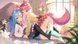 Rule 34 | 2girls, :d, aliter, all fours, animal ear fluff, animal ears, bare shoulders, bed, black legwear, blue eyes, blue hair, blue skirt, bow, collarbone, curtains, fang, flower, fox ears, fox tail, hair between eyes, hair ornament, hairpin, highres, holding hands, long hair, long sleeves, lying, medium hair, multiple girls, no shoes, off shoulder, on back, open mouth, original, panties, panties under pantyhose, pantyhose, pink eyes, pink panties, pleated skirt, red bow, red skirt, school uniform, shirt, skirt, smile, soles, sweater, tail, thick eyebrows, underwear, white shirt, window, yellow sweater, yuri