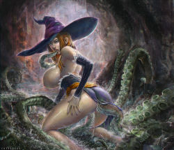 Rule 34 | 1girl, anal, anal object insertion, ass, bare legs, breasts, brown hair, cave, clothes pull, detached sleeves, dragon&#039;s crown, dress, dress pull, fellatio, hanging breasts, hat, huge breasts, kneeling, lipstick, looking at viewer, looking back, makeup, monster, multiple penetration, nail polish, nipples, no bra, object insertion, oral, orange hair, partially submerged, paulo barrios, side slit, sorceress (dragon&#039;s crown), spitroast, suction cups, tentacles, tentacle sex, tentacles, triple penetration, vaginal, vaginal object insertion, water, witch hat