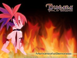 Rule 34 | 00s, 1girl, armlet, back, bare shoulders, bat wings, black background, black ribbon, blush, closed mouth, copyright name, disgaea, english text, etna (disgaea), expressionless, fire, from side, hair between eyes, harada takehito, looking at viewer, makai senki disgaea, mini wings, non-web source, profile, red eyes, red hair, ribbon, simple background, solo, spiked hair, standing, surprised, twintails, upper body, wallpaper, watermark, web address, wings
