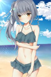 Rule 34 | 1girl, absurdres, bare arms, bare shoulders, beach, bikini, blue sky, blush, breasts, brown eyes, cleavage, closed mouth, cloud, collarbone, commentary request, day, green bikini, grey ribbon, groin, hair between eyes, hair ribbon, highres, horizon, kantai collection, kasumi (kancolle), long hair, looking away, looking to the side, medium breasts, navel, ocean, outdoors, ribbon, sand, side ponytail, sidelocks, sky, solo, standing, swimsuit, translation request, uzuki tsukuyo, very long hair, water