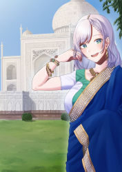 Rule 34 | 1girl, aboreen, alternate costume, blush, braid, braided bangs, breasts, earrings, feather hair ornament, hair ornament, hololive, hololive indonesia, indian clothes, jewelry, long hair, looking at viewer, open mouth, pavolia reine, saree, side ponytail, silver hair, smile, solo, virtual youtuber