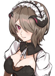 Rule 34 | 1girl, breasts, brown hair, cleavage, closed mouth, hair over one eye, highres, honkai (series), honkai impact 3rd, horns, maid headdress, mamu t7s, medium breasts, mole, mole under eye, red eyes, rita rossweisse, short hair, simple background, sketch, smile, solo, swept bangs, upper body, white background