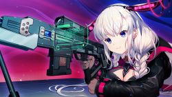 Rule 34 | 1girl, blue eyes, braid, breasts, cleavage, cleavage cutout, clothing cutout, fake horns, female focus, game cg, gloves, gradient background, gun, holding, holding gun, holding weapon, horns, jacket, large breasts, long hair, looking at viewer, lying, on stomach, original, pero, re:d cherish, simple background, solo, twin braids, unica la-speranza, upper body, weapon, white hair