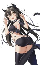 Rule 34 | 1girl, aliceblue, animal ears, ass, black footwear, black hair, black shorts, blush, boots, breasts, butt crack, cat ears, cat tail, choker, crop top, crop top overhang, girls&#039; frontline, hair between eyes, hands up, headgear, high heel boots, high heels, highres, judge (girls&#039; frontline), leg up, long hair, looking at viewer, medium breasts, open mouth, sangvis ferri, short shorts, shorts, sidelocks, simple background, solo, tail, tearing up, thigh boots, thighhighs, thighs, twintails, white background, yellow eyes