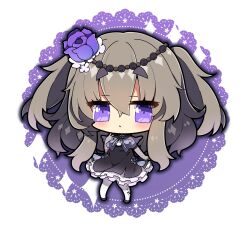 Rule 34 | 1girl, :&lt;, absurdres, black dress, black footwear, blush, brown hair, chibi, closed mouth, commentary request, doily, dress, flower, frilled dress, frills, hair between eyes, hair flower, hair ornament, hand up, highres, long hair, looking at viewer, meimei himari, milkpanda, pantyhose, purple eyes, purple flower, purple rose, rose, see-through, shoes, short eyebrows, simple background, solo, sparkle, thick eyebrows, two side up, very long hair, virtual youtuber, voicevox, white background, white pantyhose