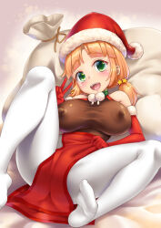 Rule 34 | :d, bare shoulders, blunt bangs, breasts, breasts apart, clothes grab, covered erect nipples, elbow gloves, feet, fur-trimmed gloves, fur-trimmed headwear, fur trim, gift bag, gloves, green eyes, hair ornament, hand up, hat, head tilt, highres, knee up, large breasts, large nipples, legs, light blush, loincloth, looking at viewer, low twintails, lying, medium hair, no shoes, on back, open mouth, orange hair, original, pantyhose, red gloves, santa costume, santa gloves, santa hat, shirt, short twintails, shousan bouzu, sleeveless, sleeveless shirt, smile, spread legs, star (symbol), star hair ornament, teeth, thighs, tight clothes, tight shirt, twintails, upper teeth only, v, white pantyhose