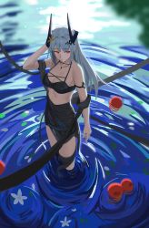 Rule 34 | 1girl, absurdres, apple, arknights, bare shoulders, bikini, black bikini, black skirt, breasts, cleavage, collarbone, commentary, flower, food, from above, fruit, grey hair, hair flower, hair ornament, hand in own hair, highres, horns, long hair, looking to the side, material growth, medium breasts, mudrock (arknights), mudrock (silent night) (arknights), natoriusu sansei, official alternate costume, oripathy lesion (arknights), pointy ears, red eyes, skirt, solo, swimsuit, water, yellow flower