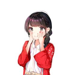 Rule 34 | 1girl, absurdres, belt, belt buckle, black hair, blush, braid, brown belt, brown eyes, buckle, closed mouth, collared dress, commentary request, dress, earrings, glint, hands up, highres, jacket, jewelry, long hair, long sleeves, looking at viewer, minase inori, nail polish, open clothes, open jacket, original, red jacket, red nails, simple background, single braid, smile, solo, voice actor, white background, white dress, wide sleeves, yukaa