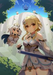 Rule 34 | 2girls, asymmetrical legwear, bare shoulders, blonde hair, blue eyes, blush, breasts, cape, capelet, cleavage, cliff, day, dress, feather hair, floating, flower, fragir, frown, genshin impact, hair between eyes, hair flower, hair ornament, halo, highres, holding, holding sword, holding weapon, leaf, looking at viewer, lumine (genshin impact), medium breasts, multiple girls, outdoors, paimon (genshin impact), short hair, sweat, sword, tree, weapon, white dress, white flower, white hair, yellow eyes