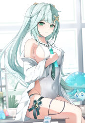 Rule 34 | 1girl, absurdres, alternate breast size, aqua hair, bare shoulders, blush, breasts, cleavage, covered navel, faruzan (genshin impact), genshin impact, green eyes, hair ornament, highres, holding, id card, lab coat, large breasts, long hair, looking at viewer, solo, swimsuit, symbol-shaped pupils, thigh strap, thighs, triangle-shaped pupils, twintails, very long hair, x hair ornament, yeni1871