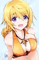 Rule 34 | 1girl, absurdres, azumi akitake, bad id, bad twitter id, bare shoulders, bikini, blonde hair, breasts, charlotte dunois, collarbone, from above, hand on own chest, highres, infinite stratos, jewelry, large breasts, long hair, looking at viewer, looking up, necklace, pendant, purple eyes, smile, solo, swimsuit, wet, wet clothes
