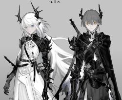Rule 34 | 1boy, 1girl, armor, blue eyes, breastplate, carriann000, commentary, earrings, english commentary, gauntlets, grey background, grey hair, highres, horns, jewelry, knight, long hair, looking at viewer, orange eyes, original, pointy ears, short hair, white hair