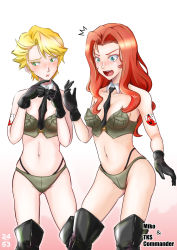 Rule 34 | 2girls, ^^^, adapted costume, artist name, between breasts, bikini, black footwear, black gloves, black necktie, blush, bonple (emblem), bonple military uniform, boots, breasts, brown bikini, character name, closed mouth, collar, commentary request, detached collar, embarrassed, extra, fingers together, frown, girls und panzer, girls und panzer saishuushou, gloves, green eyes, half-closed eyes, highres, long hair, looking away, maiko (girls und panzer), medium breasts, multi-strapped bikini, multiple girls, navel, necktie, nishi itsumi, open mouth, partial commentary, pointy hair, red hair, short hair, shoulder tattoo, small breasts, standing, swept bangs, swimsuit, tattoo, thigh boots, thighhighs, white background, white collar, wing collar