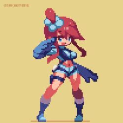 Rule 34 | 1girl, animated, animated gif, blinking, blue eyes, boots, bouncing breasts, breasts, creatures (company), crop top, game freak, gloves, large breasts, long hair, long sleeves, nintendo, pixel art, pokemon, pokemon bw, red hair, sakuemon, shorts, skyla (pokemon)