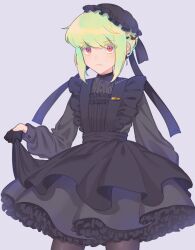 Rule 34 | 1boy, alternate costume, alternate hairstyle, apron, black dress, black headwear, black pantyhose, black ribbon, clothes lift, dress, dress lift, earrings, gloves, goth fashion, gothic lolita, green hair, grey background, half gloves, highres, jewelry, kome 1022, lio fotia, lolita fashion, long sleeves, maid apron, male focus, name tag, pantyhose, promare, puffy sleeves, purple eyes, ribbon, short hair, simple background, solo, trap, triangle earrings