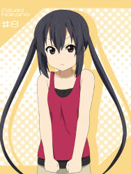 Rule 34 | 1girl, :t, bare shoulders, black hair, brown eyes, casual, character name, clenched hand, clenched hands, ikari manatsu, k-on!, long hair, nakano azusa, pout, solo, tank top, twintails