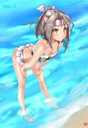 Rule 34 | 10s, 1girl, :&gt;, alternate costume, beach, bikini, blonde hair, blush, breasts, butt crack, cleavage, crab, frilled bikini, frills, gradient background, grey hair, hachimaki, hands on own knees, headband, high ponytail, highres, kantai collection, leaning forward, light brown hair, long hair, looking at viewer, ocean, ponytail, ribbon, small breasts, smile, solo, standing, swimsuit, tanukicho ask, zuihou (kancolle)