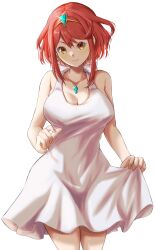 Rule 34 | absurdres, alternate costume, breasts, dress, highres, kenichiart, large breasts, pyra (xenoblade), red eyes, red hair, short hair, simple background, white background, white dress, xenoblade chronicles (series), xenoblade chronicles 2