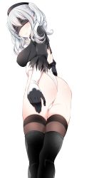 Rule 34 | 1girl, 2b (nier:automata), 2b (nier:automata) (cosplay), absurdres, ass, back cutout, beret, black footwear, black gloves, black hat, black thighhighs, blindfold, blush, boots, breasts, brown thighhighs, closed mouth, clothing cutout, cosplay, covered erect nipples, cowboy shot, embarrassed, from behind, from below, gloves, hand on own ass, hat, highleg, highleg leotard, highres, kantai collection, kashima (kancolle), legs together, leotard, long hair, looking at viewer, looking back, medium breasts, nier:automata, nier (series), oouso, silver hair, simple background, skindentation, solo, standing, sweatdrop, thigh boots, thighhighs, thighhighs under boots, thong, thong leotard, twisted neck, wavy mouth, white background, white gloves, white leotard, white thighhighs