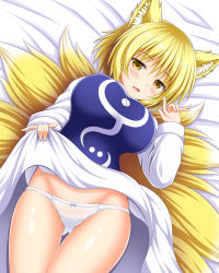 Rule 34 | 1girl, animal ears, blonde hair, blush, breasts, clothes lift, cowboy shot, dress, dress lift, fang, fox ears, fox tail, gluteal fold, groin, kitsune, kyuubi, large breasts, lifted by self, long sleeves, looking at viewer, lying, multiple tails, nagana sayui, no headwear, on back, panties, parted lips, short hair, smile, solo, tabard, tail, thigh gap, touhou, underwear, white dress, white panties, wide sleeves, yakumo ran, yellow eyes