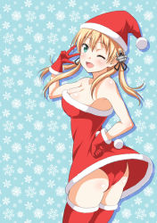 Rule 34 | 10s, 1girl, ;d, alternate costume, anchor hair ornament, aqua eyes, ass, bare arms, bare shoulders, blonde hair, blue background, blue eyes, breasts, christmas, cleavage, clenched hand, dress, female focus, formal, gloves, hair ornament, hand on own hip, hat, ice crystal, kantai collection, legs, long hair, looking at viewer, looking back, medium breasts, neck, off-shoulder dress, off shoulder, one eye closed, open mouth, panties, pantyshot, prinz eugen (kancolle), red dress, red gloves, red legwear, red panties, santa costume, santa hat, shiny skin, smile, snowflake background, snowflakes, snowflakes background, solo, standing, strapless, strapless dress, tomokichi, twintails, underwear, v, wink