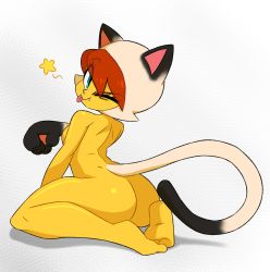 Rule 34 | animal hood, ass, breasts, cat, cat tail, catsuit, dragon girl, gradient background, highres, hood, huge ass, kneeling, looking back, one eye closed, original, red hair, self-upload, siamese cat, sideboob, solo, tail