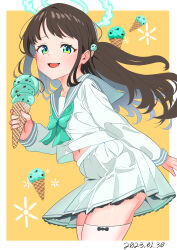 Rule 34 | 1girl, absurdres, airi (blue archive), blue archive, brown hair, commentary, dandan (uaee4742), dated, food, food-themed hair ornament, from side, green eyes, green neckerchief, grey sailor collar, hair ornament, halo, highres, ice cream, ice cream cone, ice cream hair ornament, long sleeves, looking at viewer, midriff, mint chocolate, mint chocolate chip, navel, neckerchief, open mouth, sailor collar, school uniform, serafuku, shirt, sidelocks, skirt, smile, solo, standing, stomach, thighhighs, thighs, white serafuku, white shirt, white skirt, white thighhighs