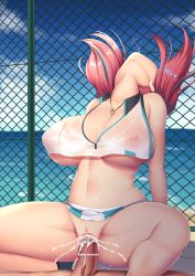 Rule 34 | 1girl, azur lane, bar censor, bare shoulders, blue sky, breasts, bremerton (azur lane), bremerton (scorching-hot training) (azur lane), censored, chain-link fence, cleavage, clothes lift, cloud, collarbone, commentary request, cowgirl position, crop top, crop top overhang, cum, cum in pussy, day, erection, fence, girl on top, head back, heart, heart necklace, highres, jewelry, kisaragi nana, large breasts, midriff, multicolored hair, navel, necklace, nipples, ocean, penis, pussy, saliva, see-through, sex, shirt, shore, skirt, skirt lift, sky, sleeveless, sleeveless shirt, sportswear, spread legs, stomach, straddling, streaked hair, tennis uniform, two-tone shirt, two-tone skirt, two side up, underboob, water