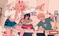 Rule 34 | 1girl, 2boys, absurdres, arm up, black hair, blonde hair, chainsaw man, chopsticks, cross-shaped pupils, cup, denim, denim shorts, denji (chainsaw man), food in mouth, hair between eyes, hair down, hayakawa aki, highres, holding, holding chopsticks, holding cup, horns, long hair, looking at another, looking down, looking to the side, multiple boys, null024, open mouth, plate, power (chainsaw man), red eyes, red horns, sample watermark, sharp teeth, short hair, shorts, smile, soda bottle, sweater, symbol-shaped pupils, teeth, watermark, white sweater